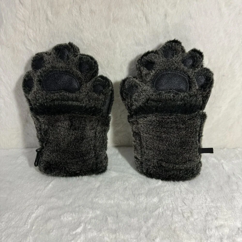 Bear Hands Fuzzy Paw Mittens W/ Non-Slip Grip & Thinsulate Lining Black Faux Fur